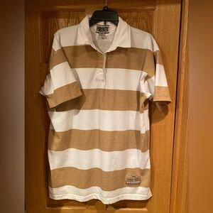 Vintage ladies Forenza polo. Tan and white stripe. Polyester and cotton.